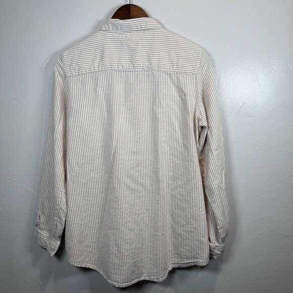 Japna Tan White Striped Long Sleeve Button Shirt Size Large Beach Boho Rolltab - Picture 9 of 13